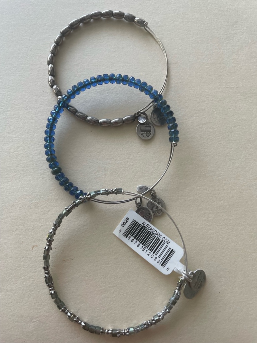 Alex and Ani Blue Bead and Silver Tone Expandable Bracelet Trio